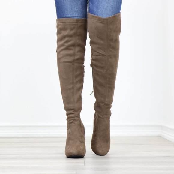 Taupe Suede Thigh High Boots Over The Knee Block High Heel With Lace Up Back - Picture 10 of 14